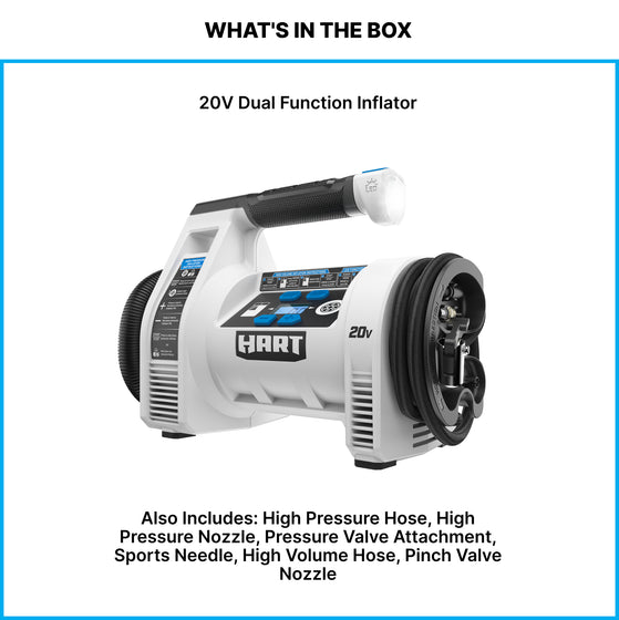 20V dual function inflator - Also includes: high pressure hose, high pressure nozzle, pressure valve attachment, sports needle, high volume hose, pinch valve nozzle