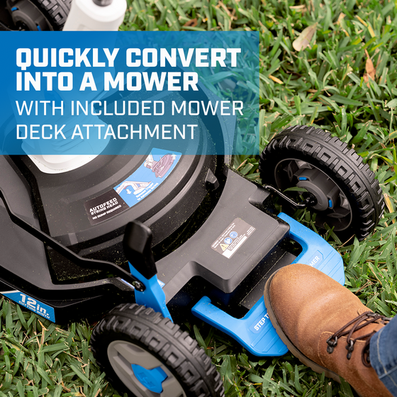 Quickly convert into a mower with included mower deck attachment