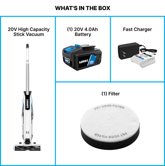 20V high Capacity stick vacuum, 20V 4.o Ah Battery, Fast charger, filter